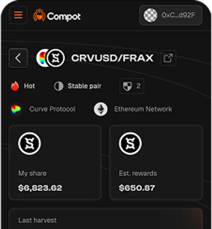 Compot dashboard showcasing the shares and rewards of a specific vault